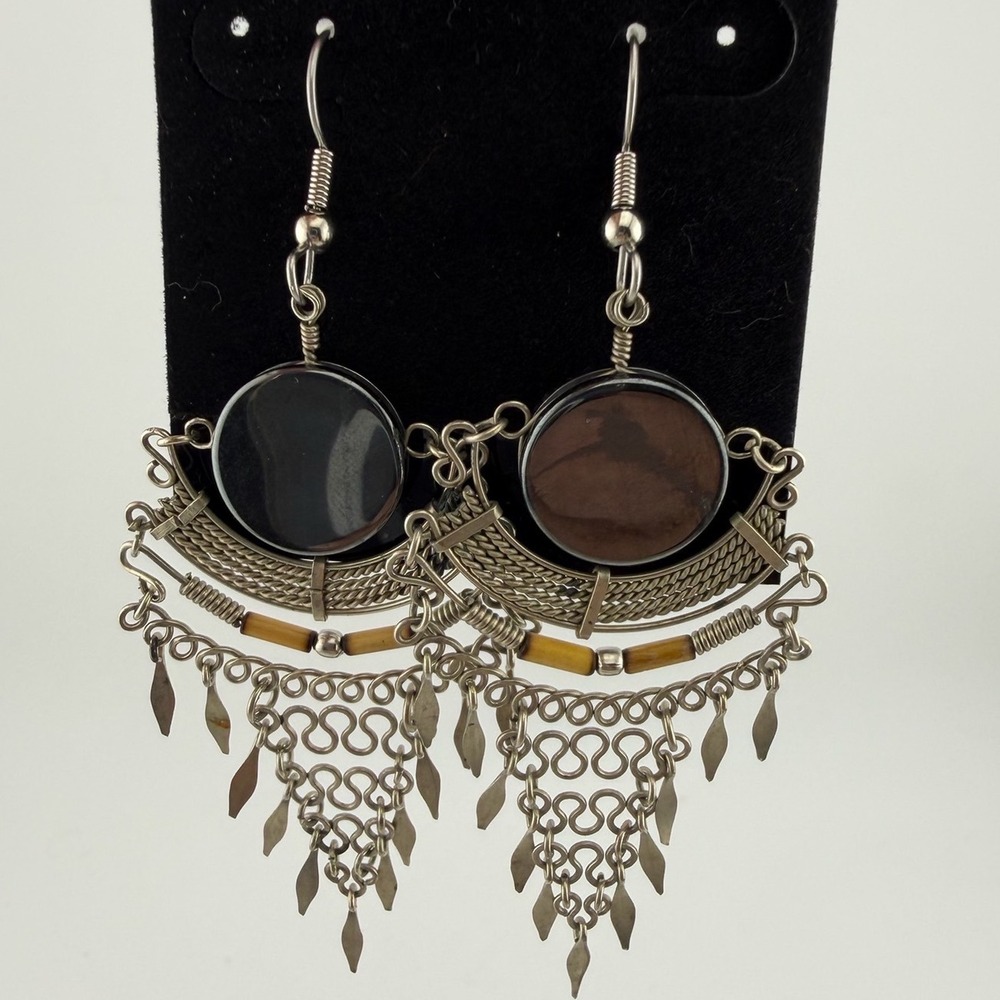 Chandelier Earrings Silver Excellent Boho Tribal Dangle Stone Wood